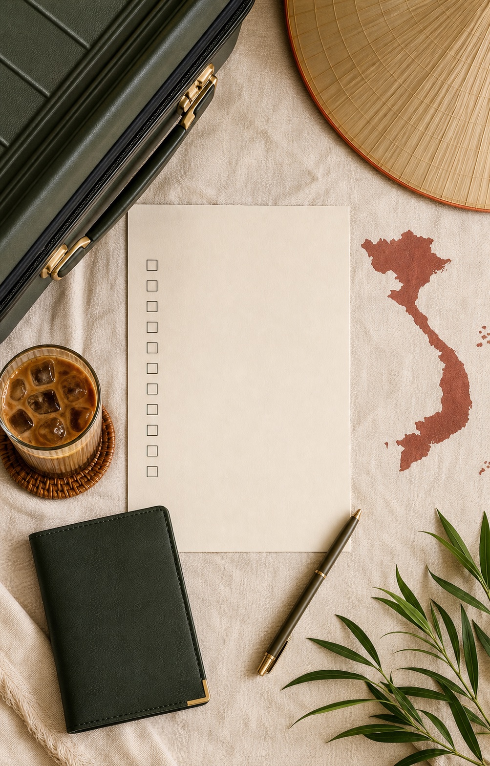 行李箱、越南斗笠、冰咖啡與勾選清單組成的第一次去越南準備指南封面