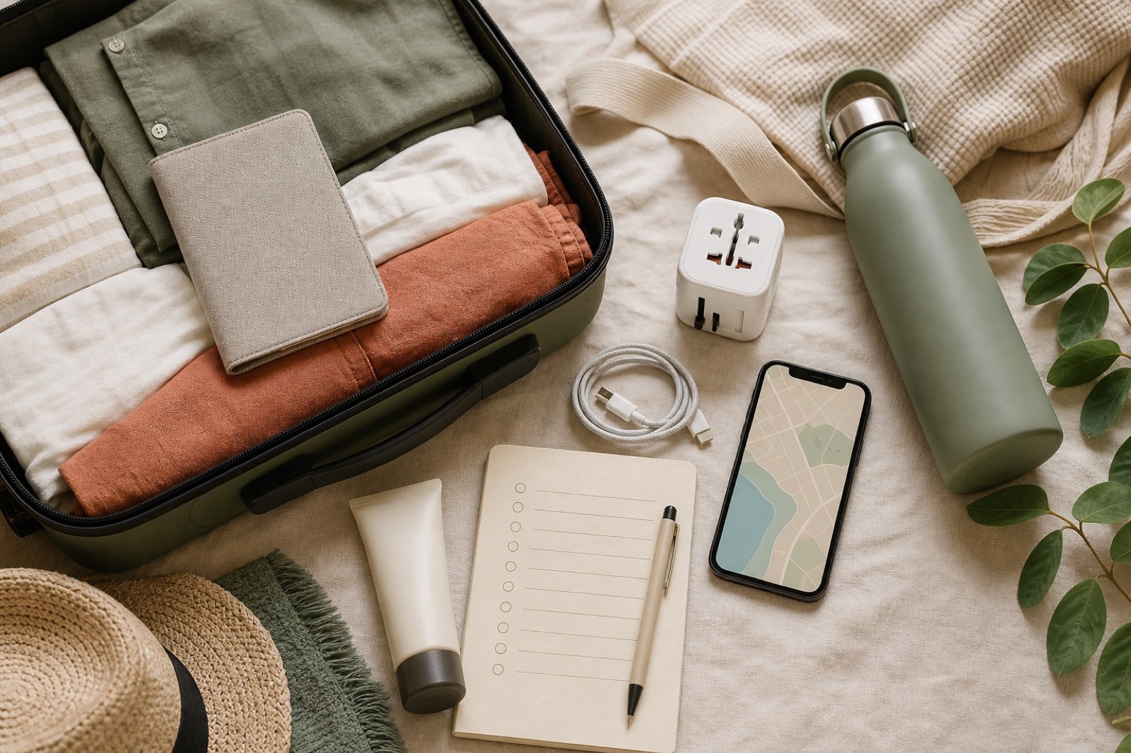 行李箱、旅行用品與空白行前清單的越南旅行準備示意照